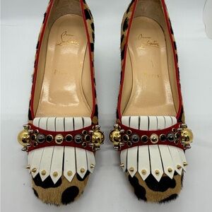 Christian Louboutin Pony Hair, Leopard Heels with Red and Gold Details